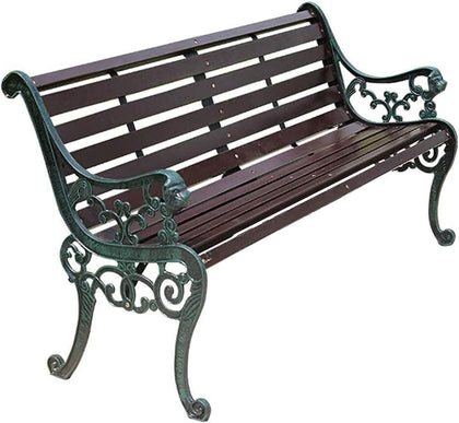 Outdoor Solid Wood Garden Park Bench for 2-3 People, Weatherproof Patio Lawn Bench Porch Seat with Cast Iron Frame