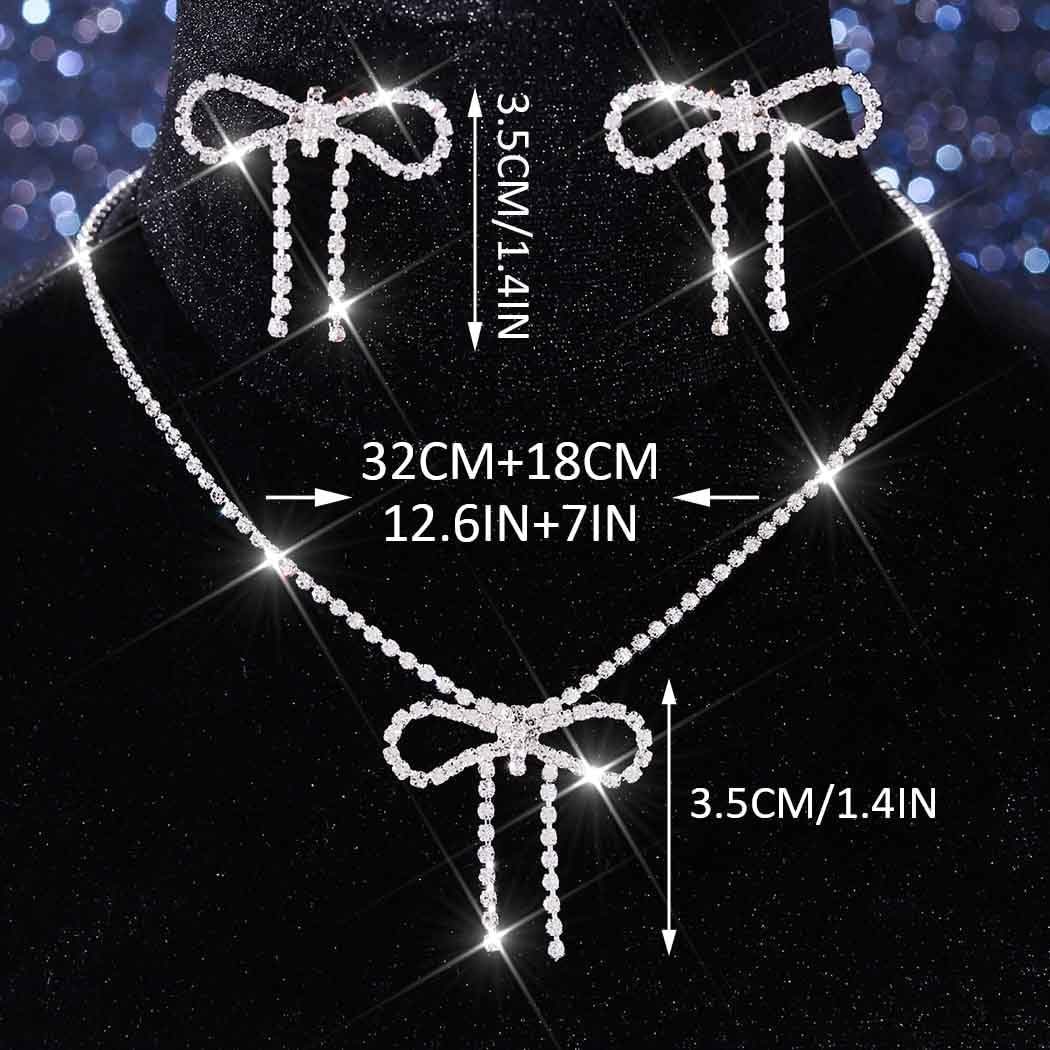 Silver Jewelry Sets Rhinestone Bow Necklace Earrings Set Prom Fashion Costume Jewelry Sets for Women