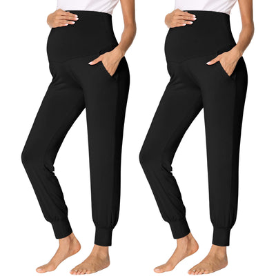 Women's Maternity Pants Over Belly Lounge Pajamas Clothes Pregnancy Must Haves Joggers with Pockets 2 Pack