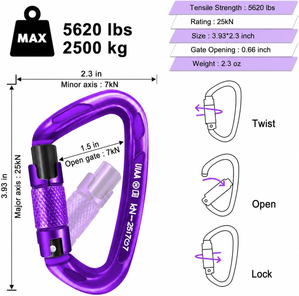 UIAA Certified Professional Heavy Duty Large Locking Carabiner Clips Climbing Carabiner 25kN Auto Locking Carabiner