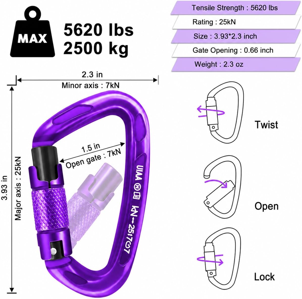 UIAA Certified Professional Heavy Duty Large Locking Carabiner Clips Climbing Carabiner 25kN Auto Locking Carabiner
