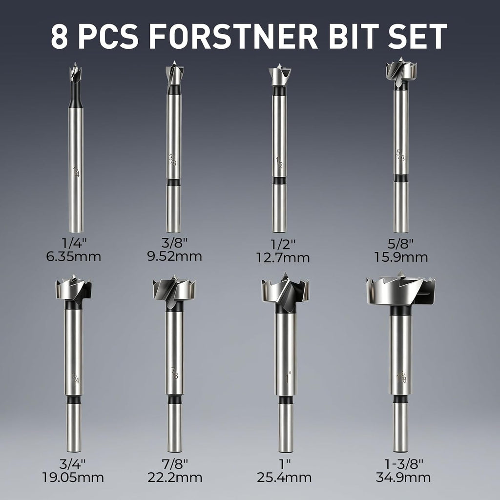 Forstner Bit Set, 8Pcs Wood Drilling Bits for Flat-Bottom Holes
