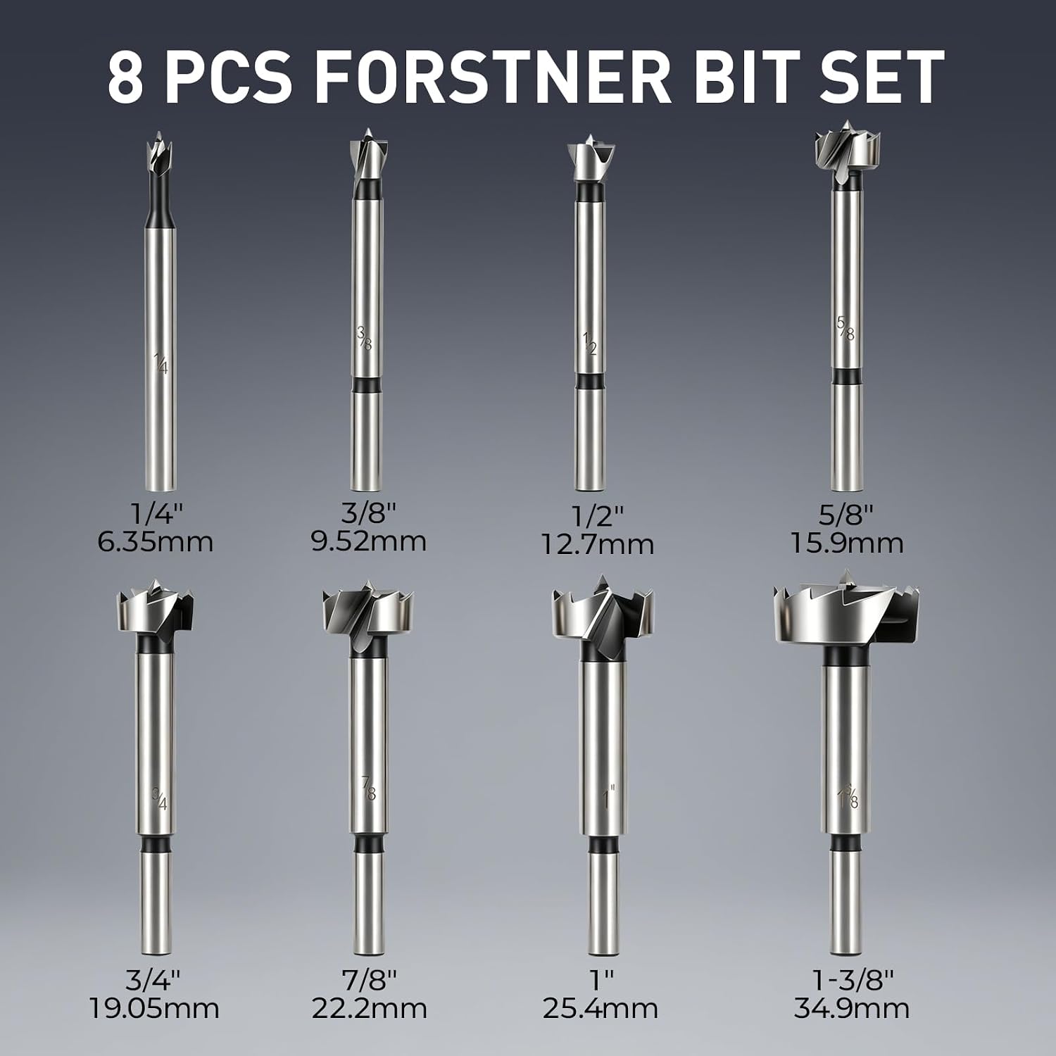 Forstner Bit Set, 8Pcs Wood Drilling Bits for Flat-Bottom Holes