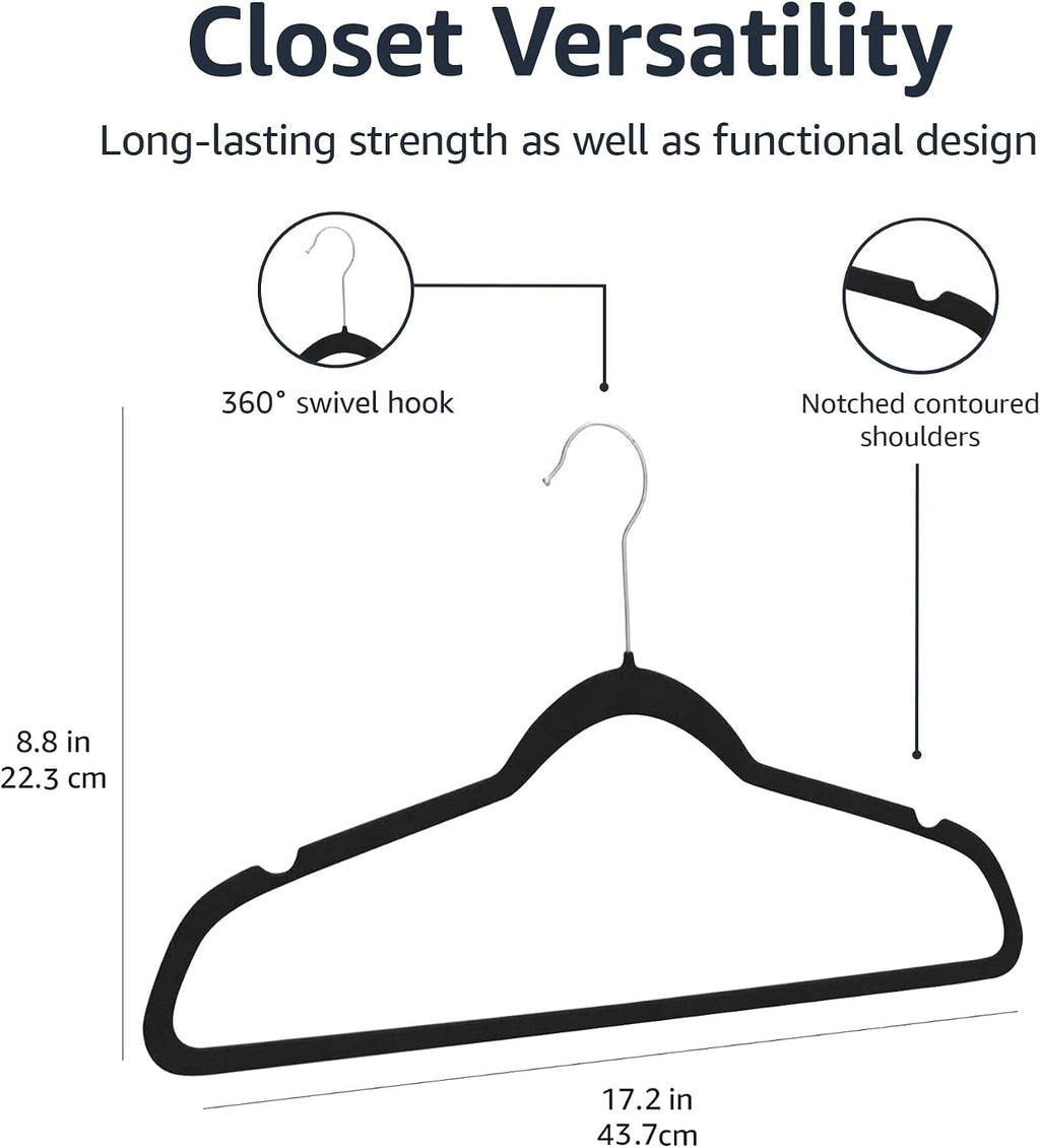 Slim Velvet Non-Slip Space Saving Suit Clothes Hangers, Closet Organizer, Black/Silver, 100-Pack