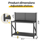 Work Bench with Pegboard,Heavy Duty Workbench Adjustable Shelves,Tool Cart,Work Table for Garage Warehouse47.2