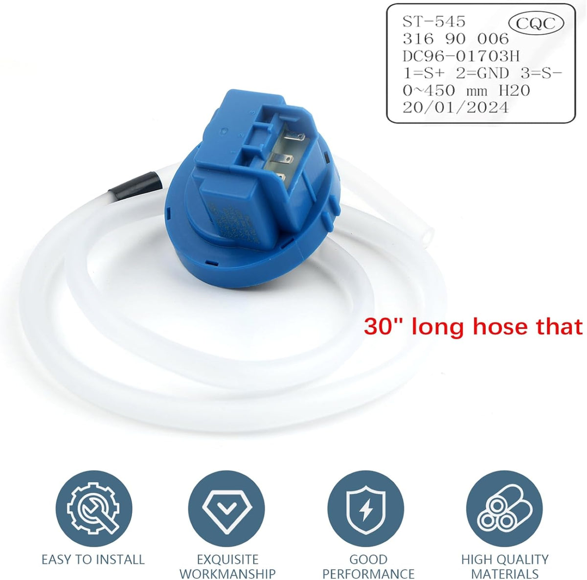 Washer Water Level Switch DC96-01703H Washing Machine Pressure Sensor for Samsung 3997570 PS876404 AP5799898 WA48 WA50 WA52 WA56 Replacement parts With 30" Long Hose