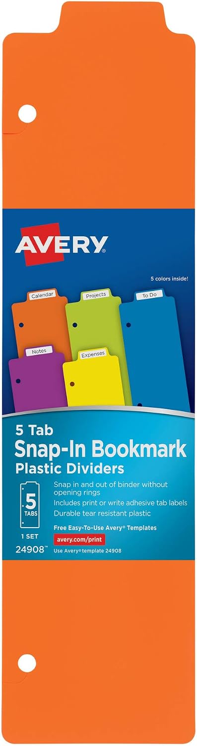 Snap-in Bookmark Plastic Dividers for 3 Ring Binders, 5-Tab Set, Multicolor with White Labels, 1 Set (24908)