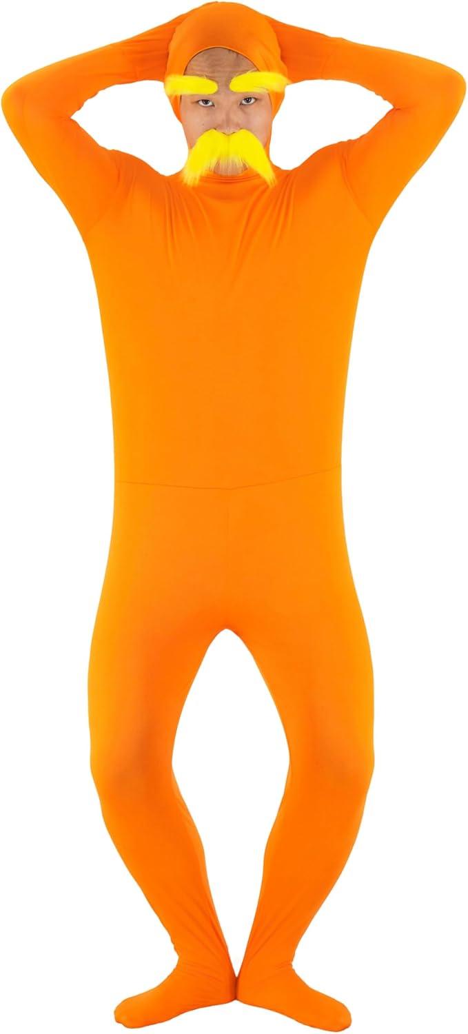 Orange Halloween Costume Adult Open Face Bodysuit | with Yellow Mustache Eyebrows Adult Open Face Bodysuit Men Women