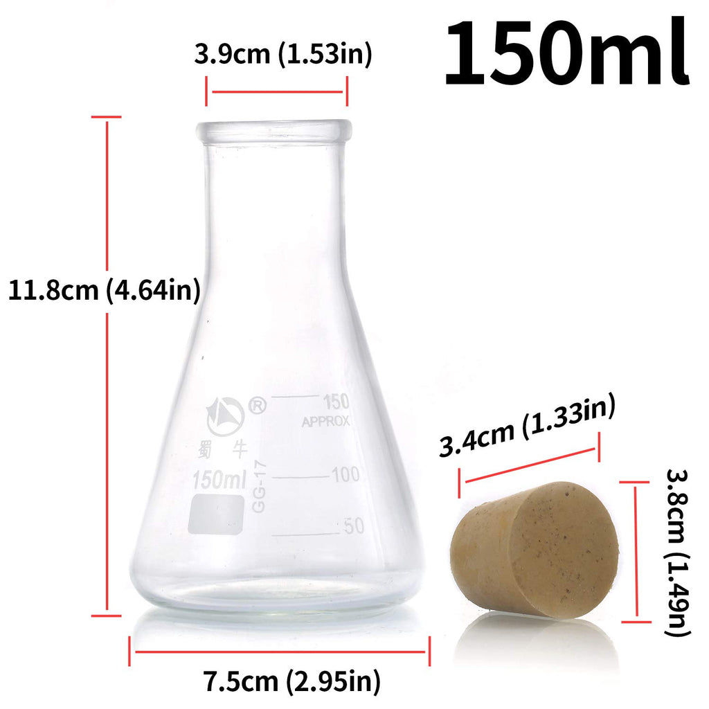 Glass Erlenmeyer Flask Set, (250 ml, 150 ml & 50 ml) Graduated Borosilicate Glass Erlenmeyer Flasks with Rubber
