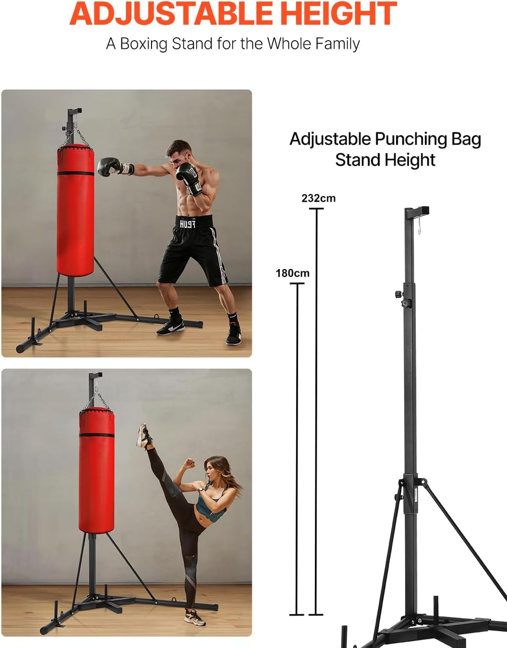 Punching Bag Stand, Steel Heavy Duty Workout Training Equipment, Adjustable Height Boxing Punching Stand with