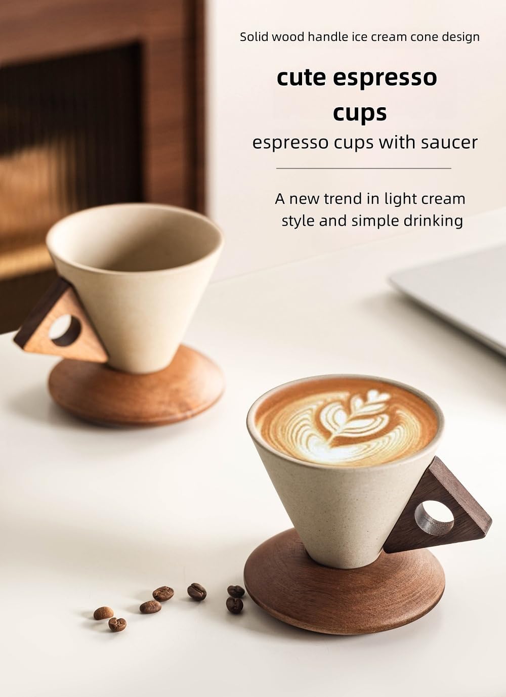 250ML- Retro ceramic coffee mug, Creative Cone coffee cup set for women elegant small- Solid wood handle and coaster