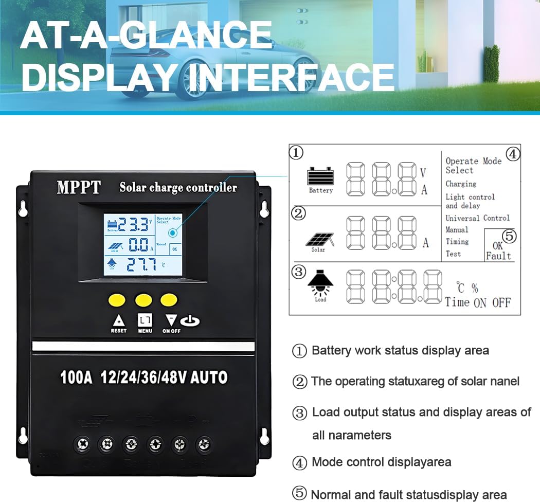 60A MPPT Solar Charge Controller 12V 24V 36V 48V LCD Display Battery Intelligent Regulator Max 100V Input Dual USB