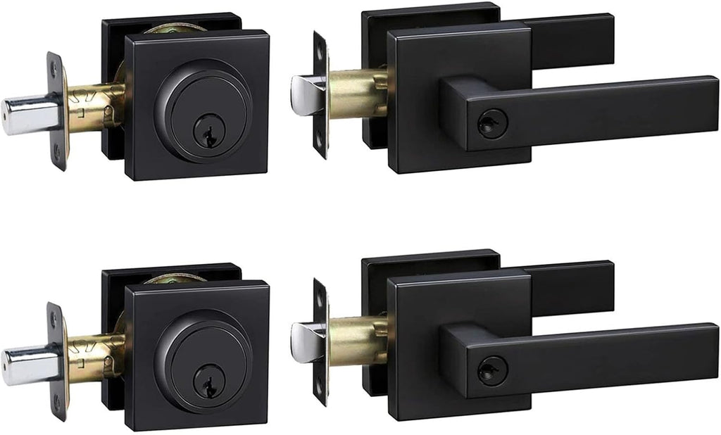 Exterior Door Lock Set with Deadbolt, Keyed Alike Door Handle with Lock, Heavy Duty Matte Black Door Knob and
