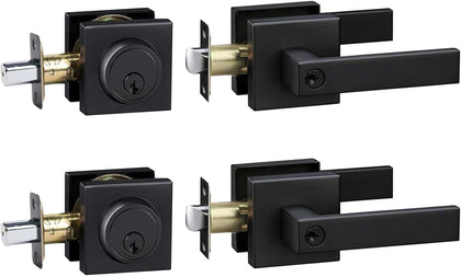 Exterior Door Lock Set with Deadbolt, Keyed Alike Door Handle with Lock, Heavy Duty Matte Black Door Knob and