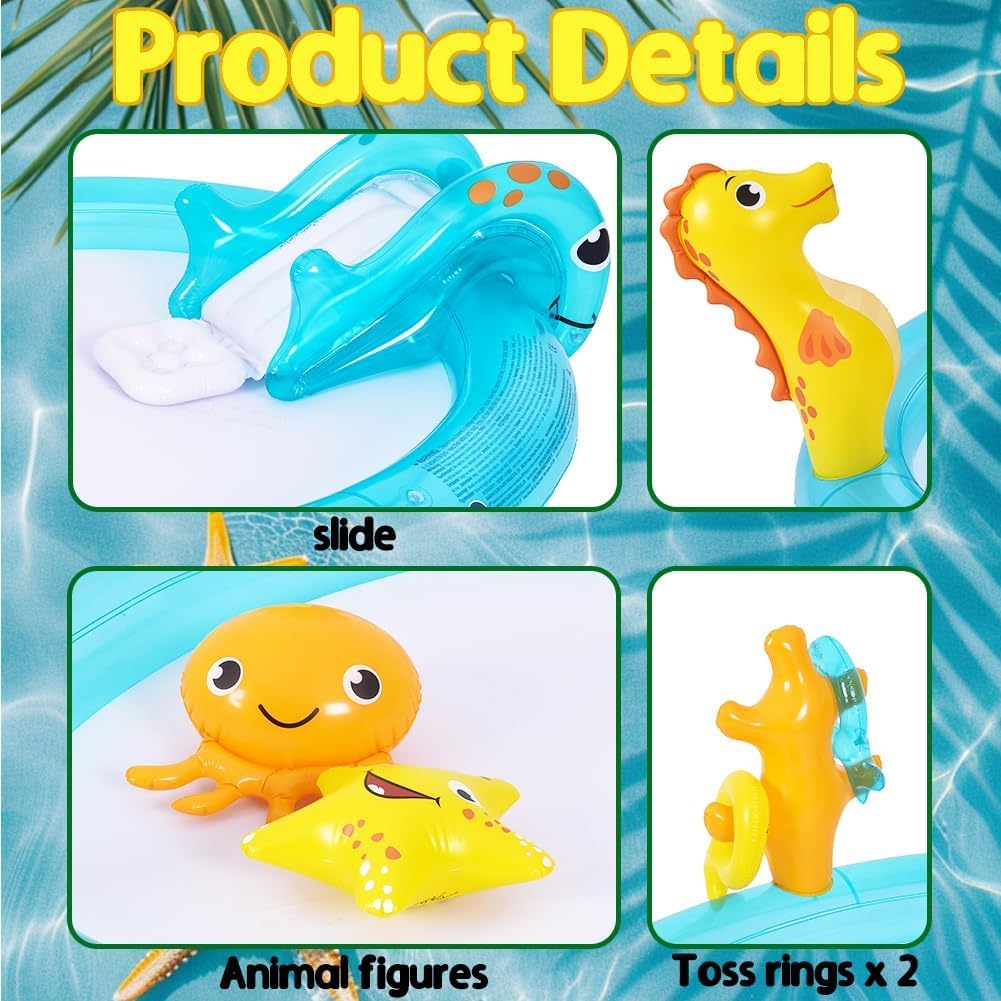 Sea Animal Inflatable Kids Pool with Slide and Sprinkler, Inflatable Play Center with Rings & Animal Figures