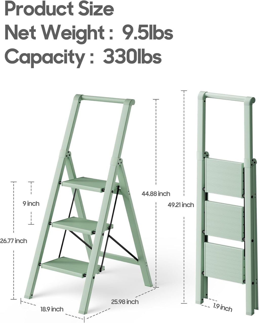 3 Step Foldable Aluminum Step Ladder with Handgrip, Anti-Slip Pedal, 330 lbs Capacity, Lightweight & Portable for
