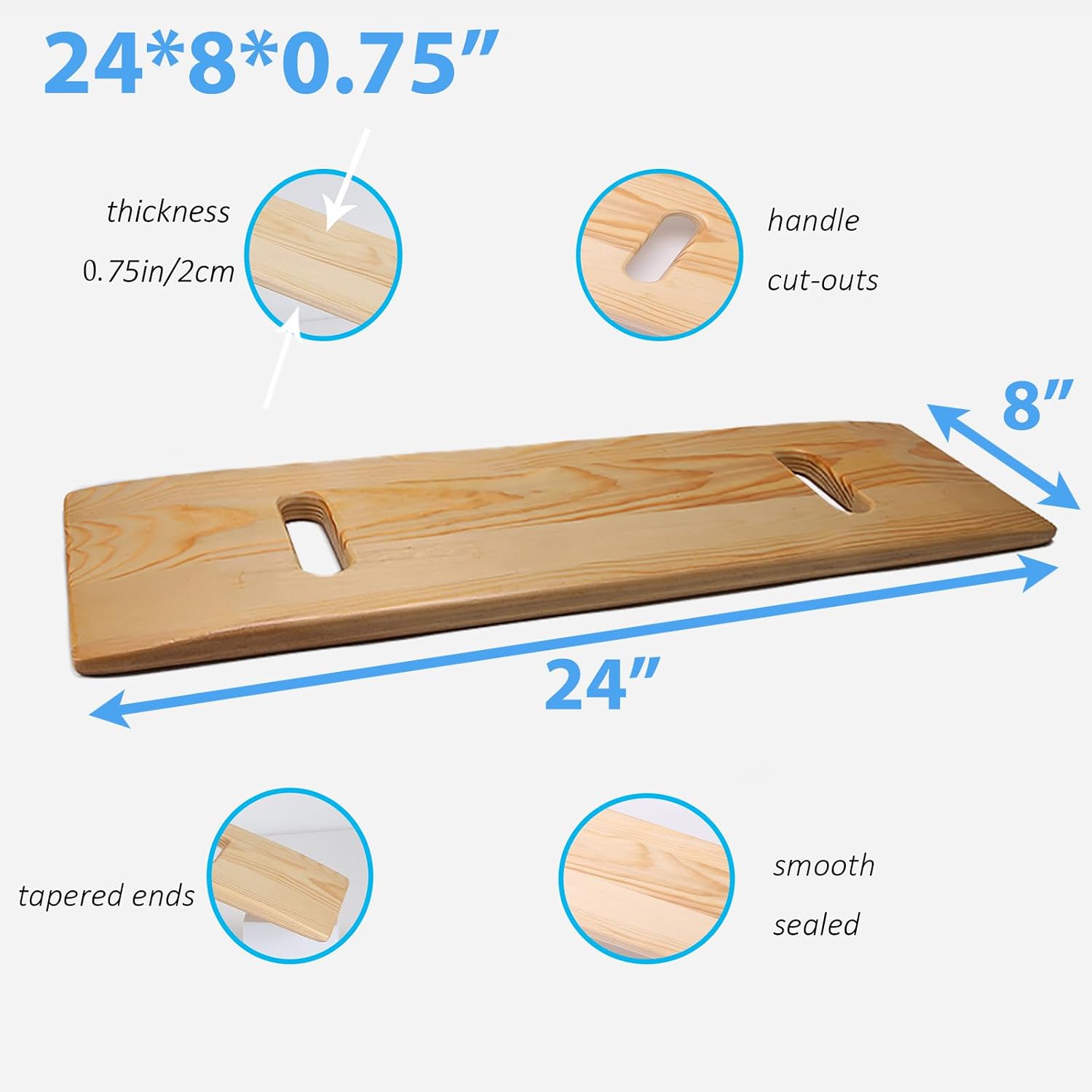 Wood Slide Transfer Board with 2 Cut out Handles 24 * 8 * 0.75"