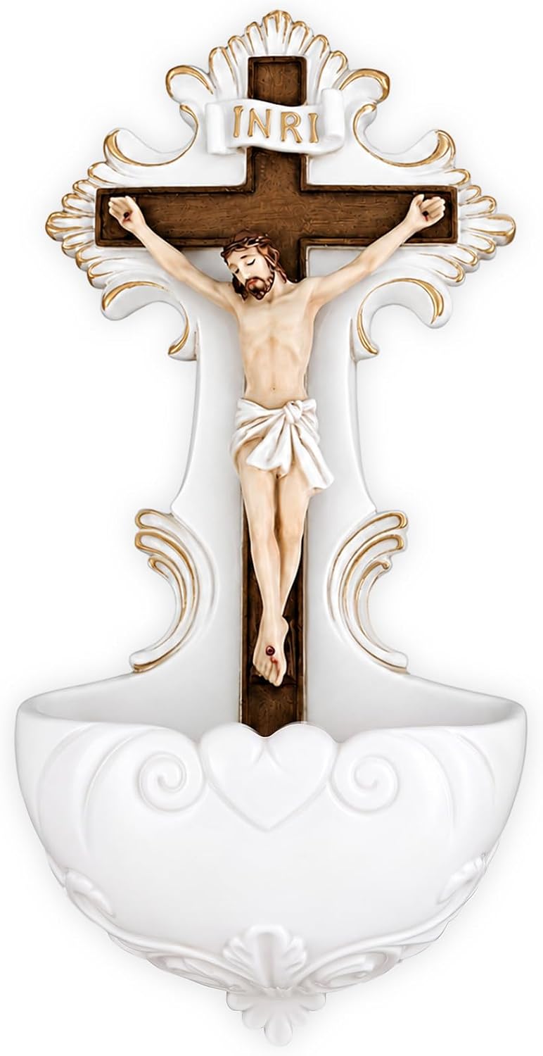 Jesus Holy Water Font Roman Crucifix Jesus Florentine Style Crucifix Wall Hanging Stoup for Church Home Decor