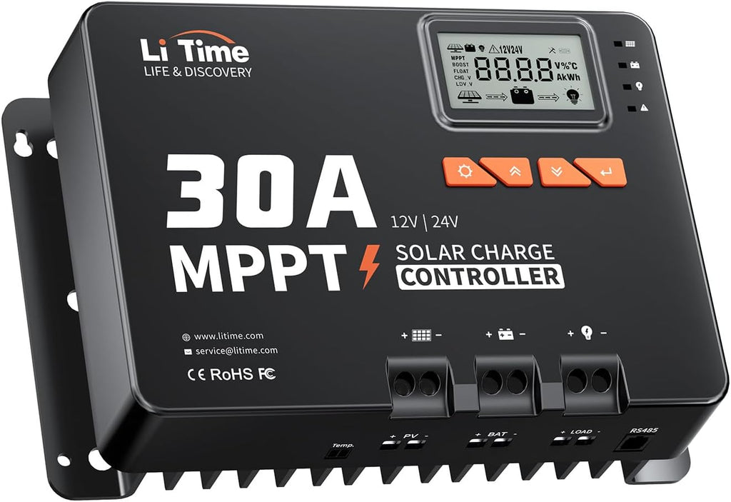 12V/24V 30A MPPT Solar Charge Controller Bluetooth, LCD Display | Max. 900W/24V 450W/12V PV Input, for LiFePO4 & Lead