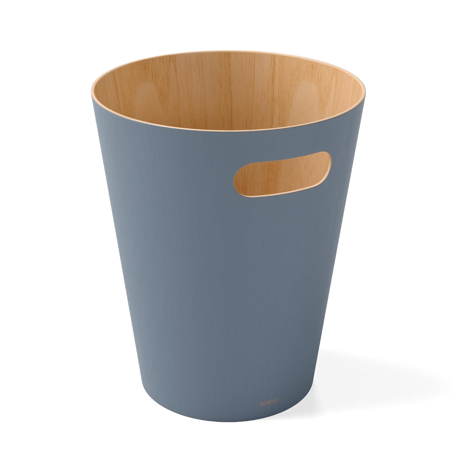 Woodrow Trash Can, Wooden Wastebasket, 2 Gallon, Slate Blue | Beech wood construction, integrated carry handles