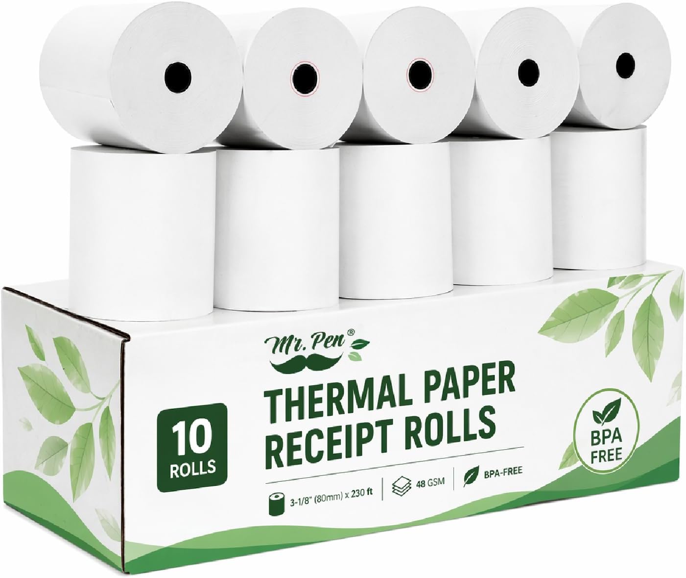 Thermal Paper Receipt Rolls, 10 Pack, 3-1/8” (80mm) x 230 ft | 48 GSM Premium Quality Receipt Paper Rolls, BPA-Free