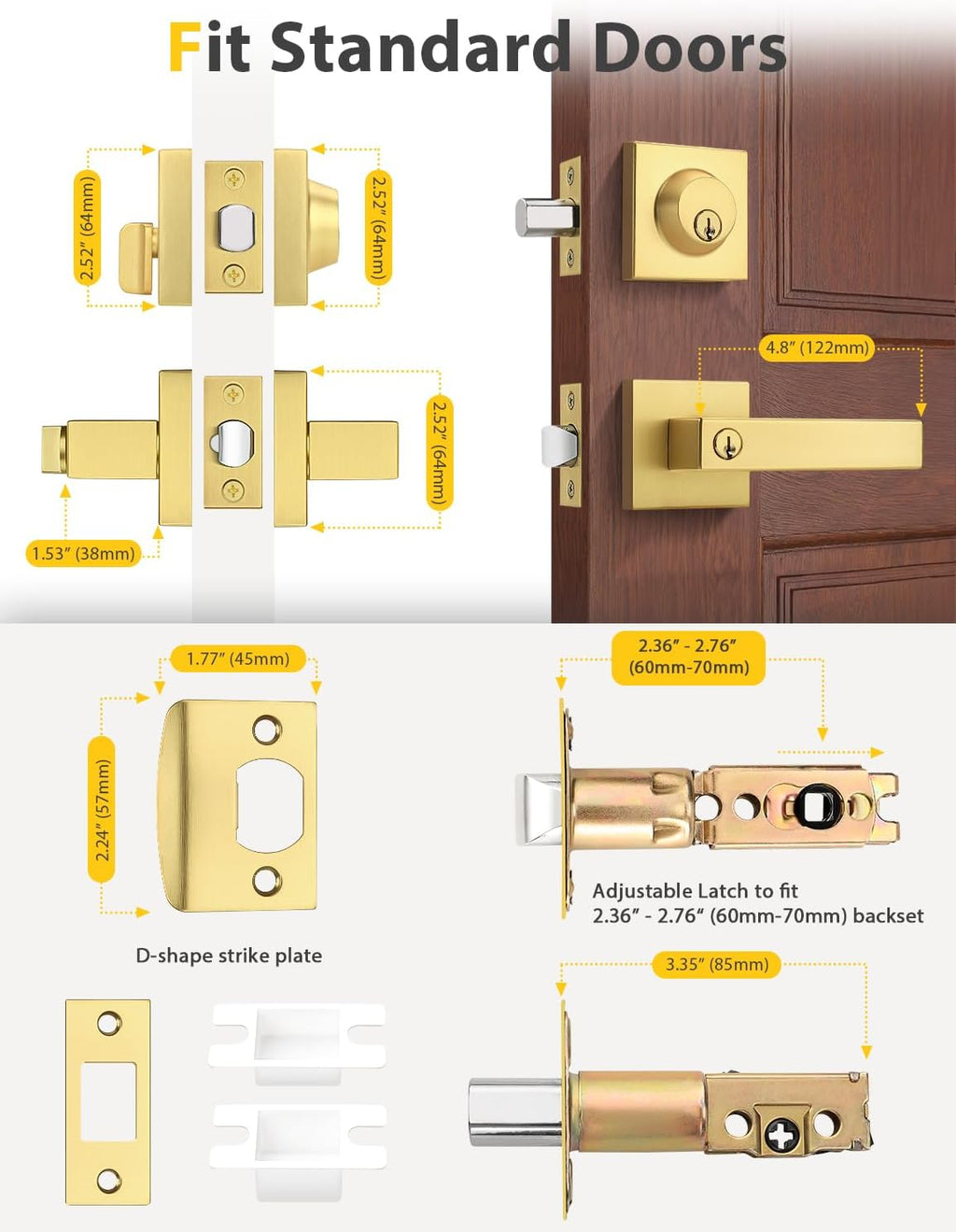 Brushed Gold Keyed Alike Front/Exterior Door Lever with Single Cylinder Deadbolt, Satin Brass Entry Door Knob Lock