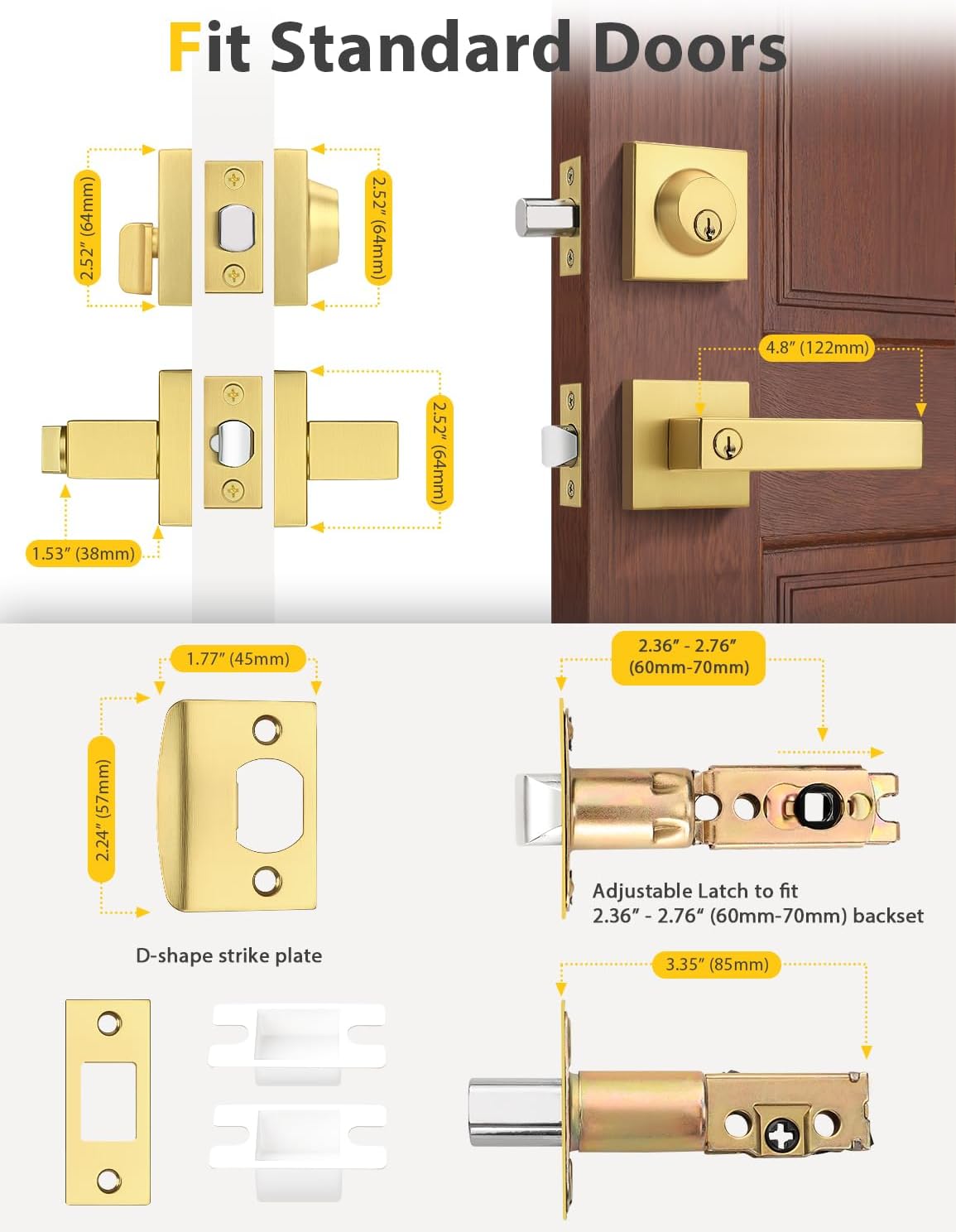Brushed Gold Keyed Alike Front/Exterior Door Lever with Single Cylinder Deadbolt, Satin Brass Entry Door Knob Lock