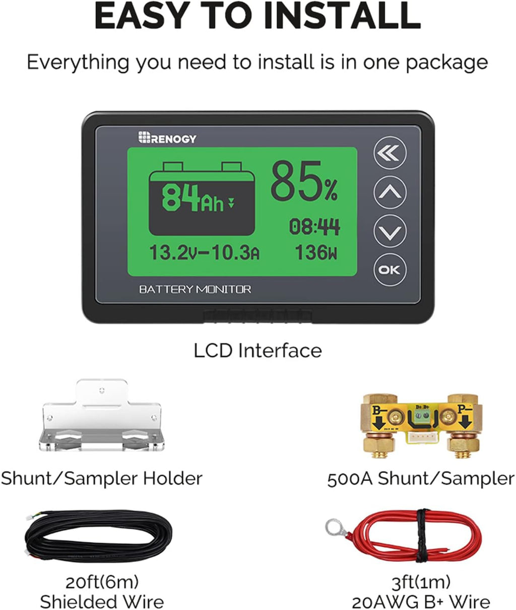 500A Battery Monitor, Tester with Shunt, Battery Meter Power System | High & Low Voltage Programmable Alarm, 10V-120V
