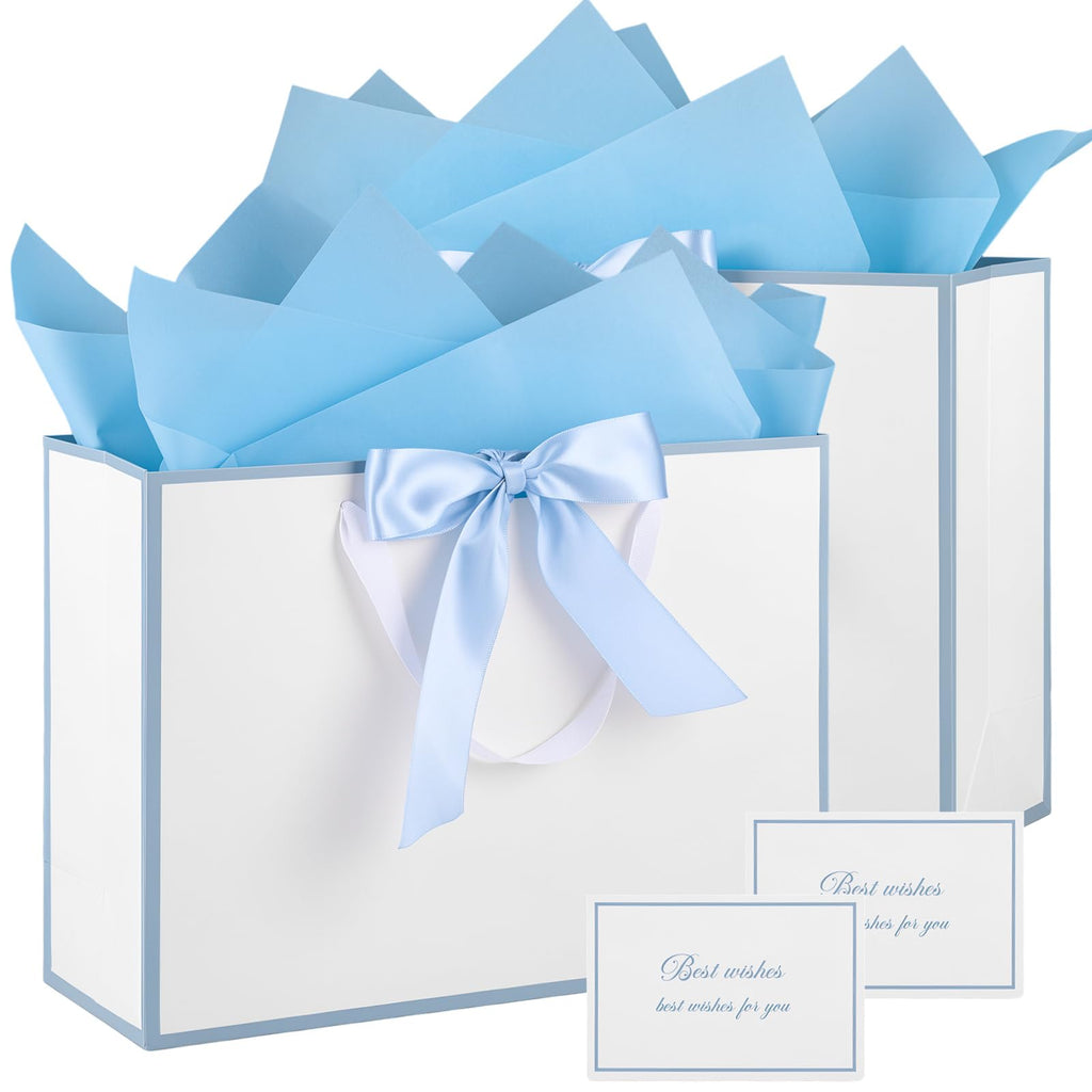 White Gift Bags with Handles, 14" Medium Gift Bag with Blue Edge