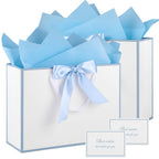White Gift Bags with Handles, 14" Medium Gift Bag with Blue Edge