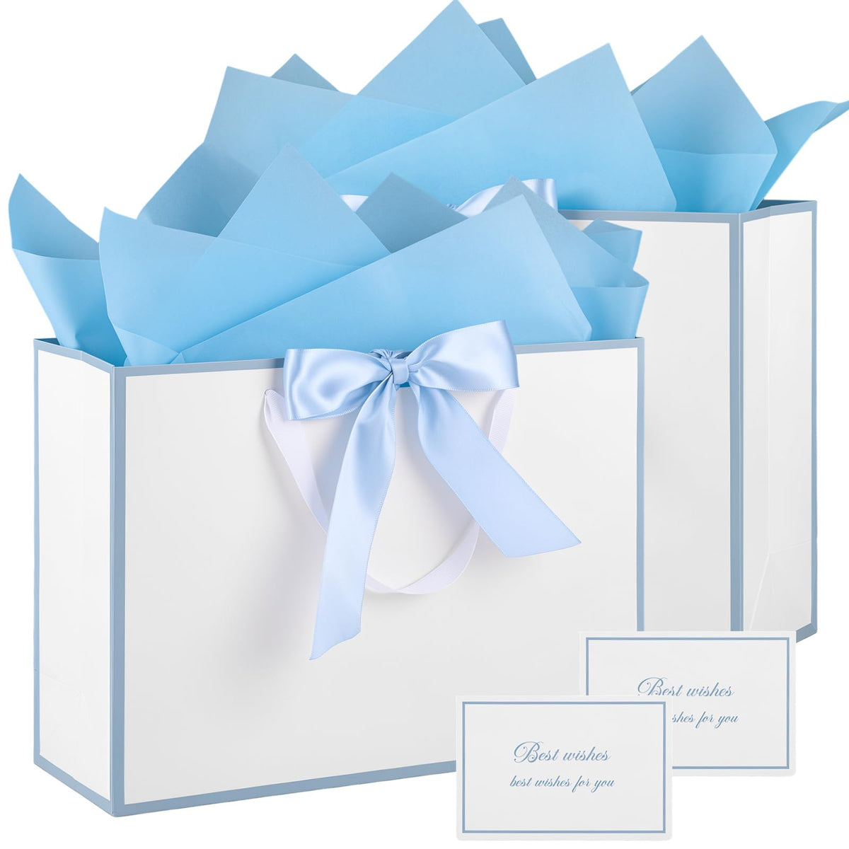 White Gift Bags with Handles, 14" Medium Gift Bag with Blue Edge