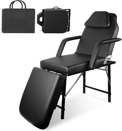 Portable Tattoo Chair, Adjustable Massage Facial Bed with Removable Headrest & Armrest, Foldable Spa Chair with Carry