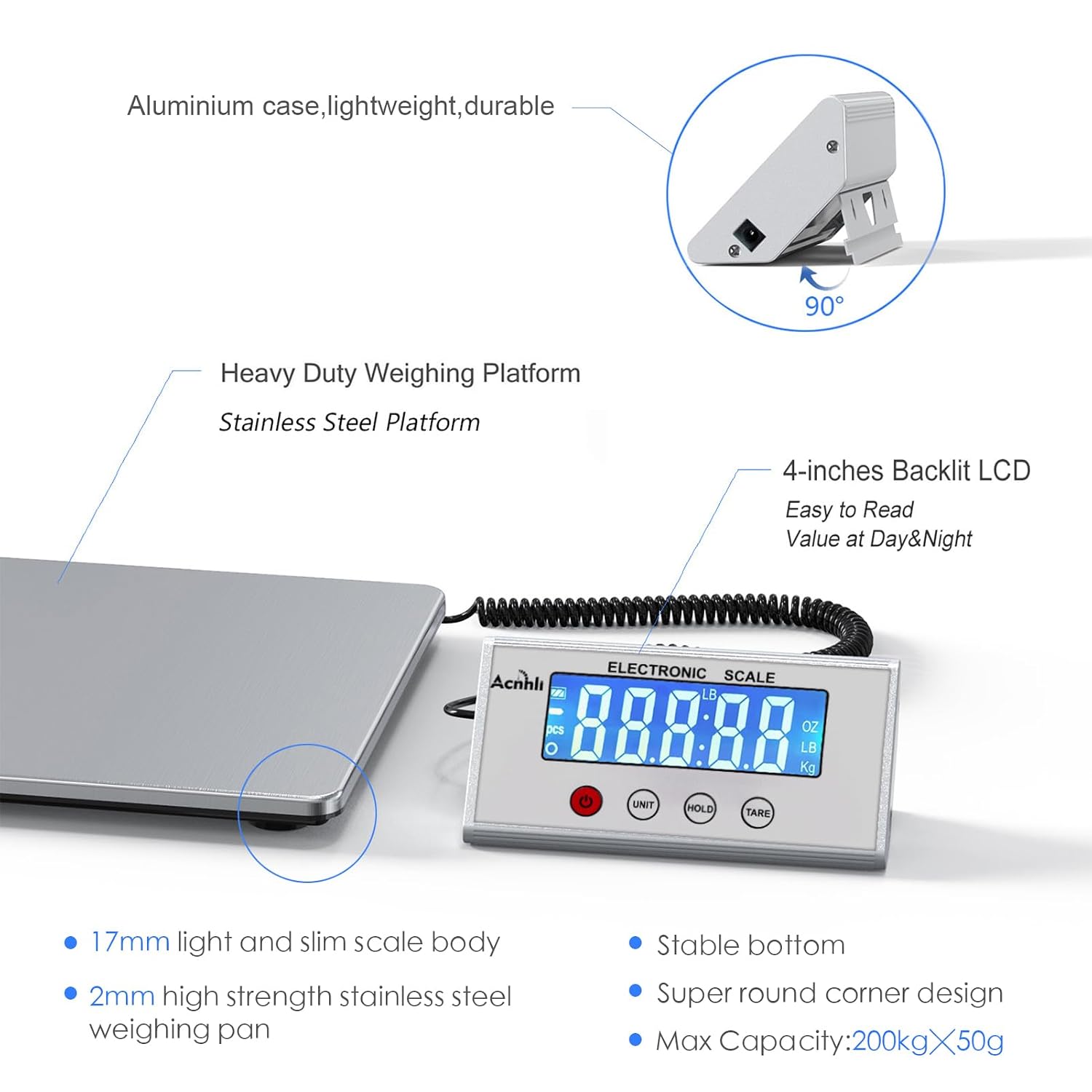 Digital Shipping Scale, 440lb Heavy Duty Stainless Steel Postal Scale for Packages, Mailing,Ideal for Home, Office