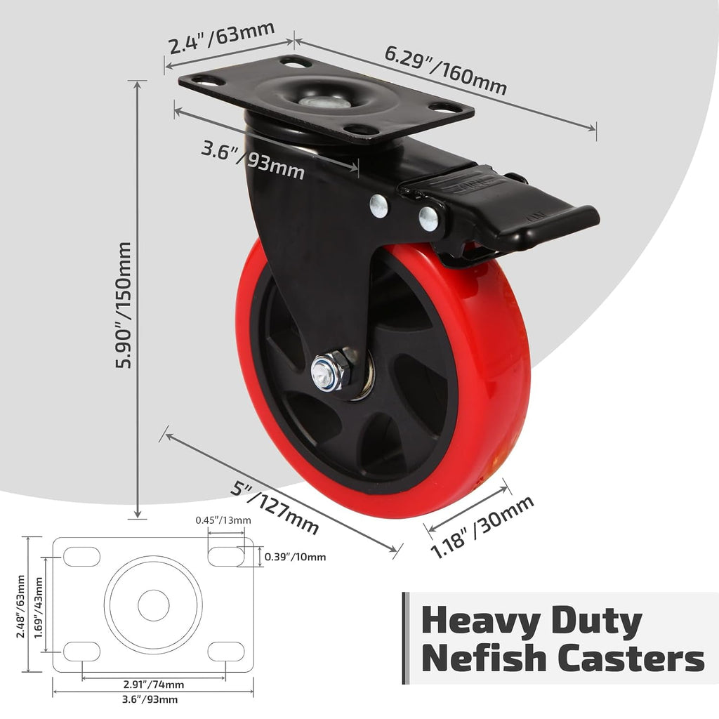 Swivel Caster Wheel for Cart, 5 Inch Industrial Casters Set of 4 - Heavy Duty Top Plate Casters with Brake 2200 Lbs