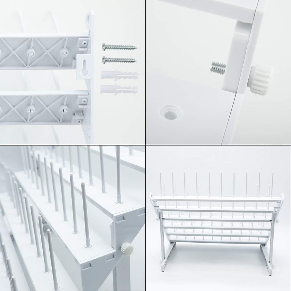 Thread Rack for 60 Spools or 30 Cones, Wall Mounted Large Thread Holder with Long Pegs, Bright White Plastic Thread