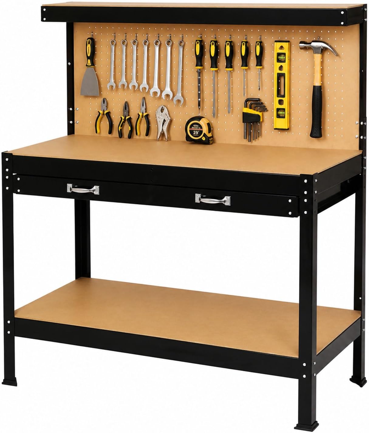 63" Heavy Duty Workbench with Peg Board, Drawer & Storage Shelf, Steel Workshop Tool Table with MDF Top for Garage