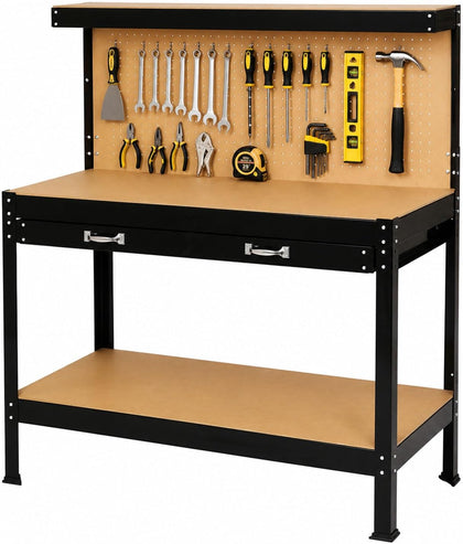 63" Heavy Duty Workbench with Peg Board, Drawer & Storage Shelf, Steel Workshop Tool Table with MDF Top for Garage