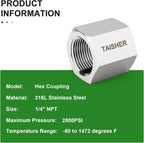 TAISHER 5PCS Forging of 316L SS Hex Coupling, 1/4" NPT Female Pipe Fitting