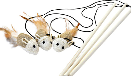 Cat Kitten Teaser Wand Toys, Sisal with Mouse, Bell, Feather, Elastic String, Sturdy Wood Stick, Interactive Fun, Cat