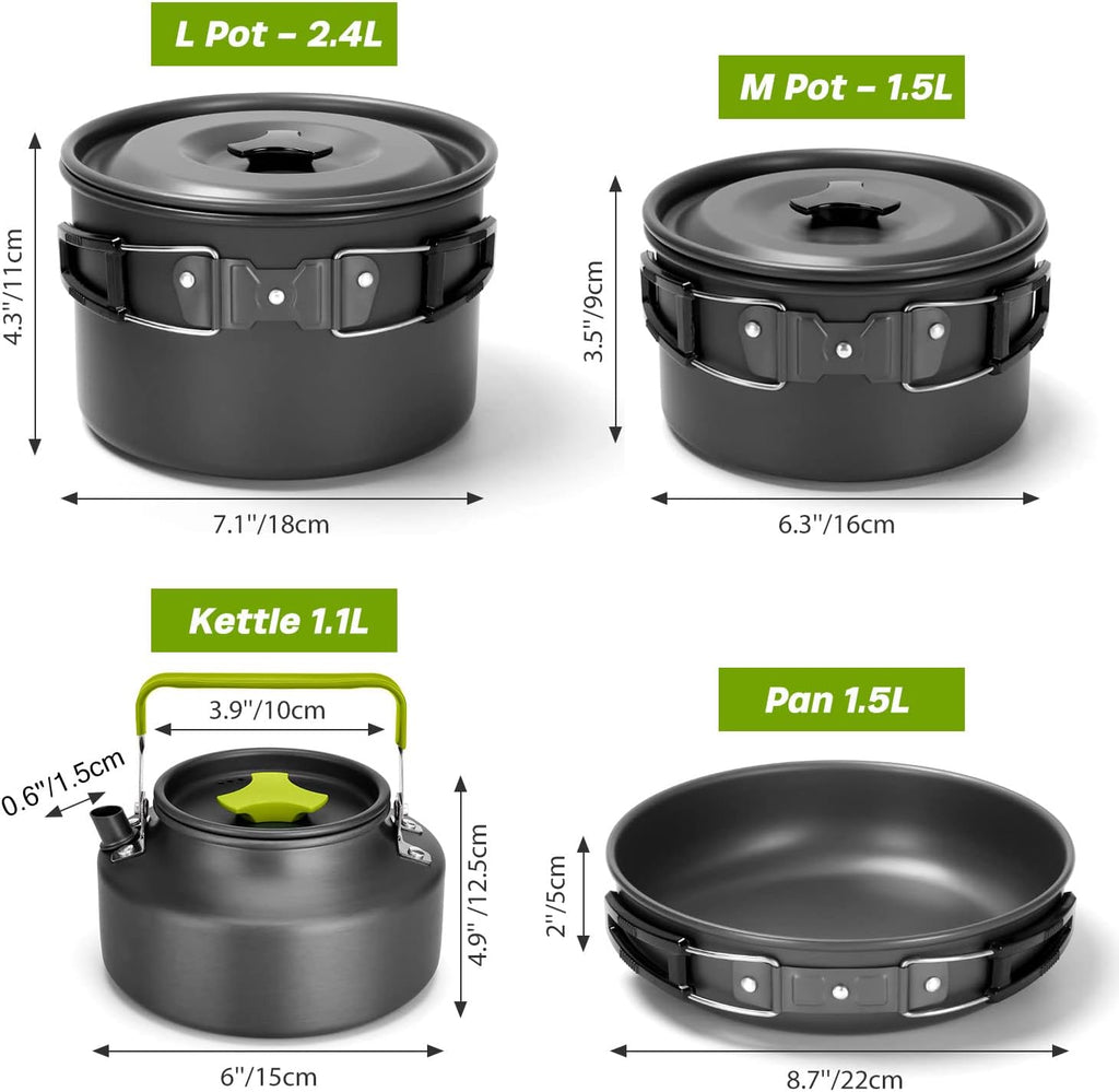 29pcs Camping Cookware Mess Kit, Non-Stick Lightweight Pots Pan Kettle, Collapsible Water Container and Bucket