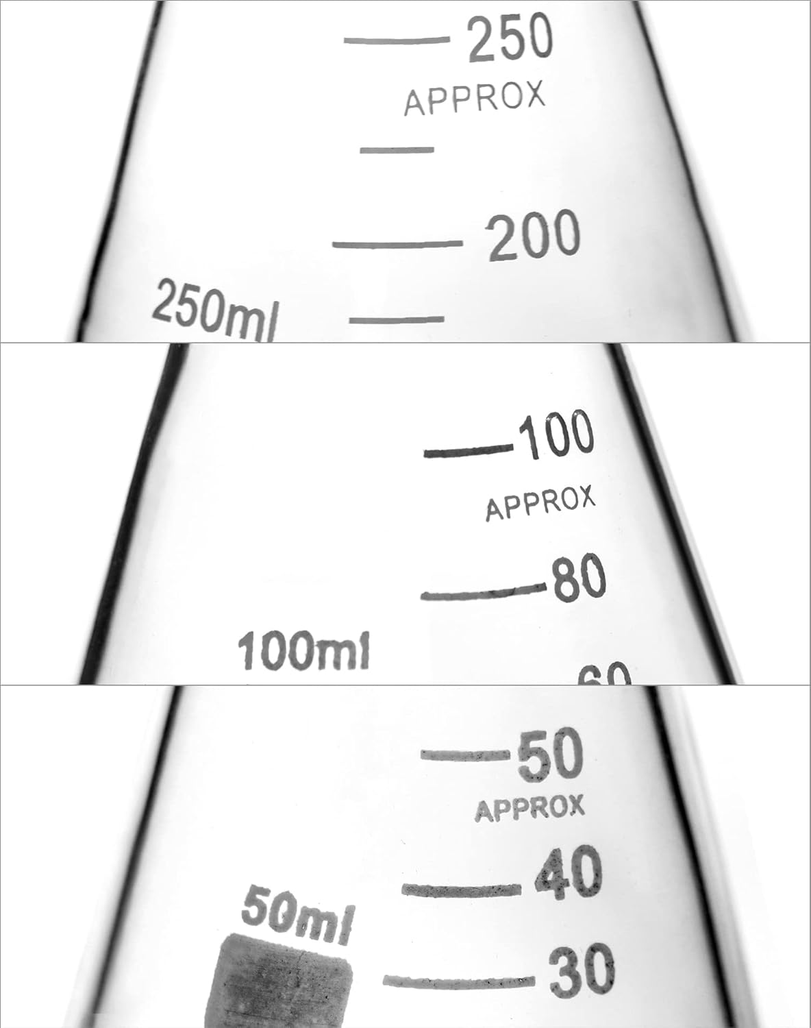 Borosilicate 3.3 Glass Erlenmeyer Flask Set (50, 100 and 250ml), 3 x Graduated Conical Flask with Glass Stopper for