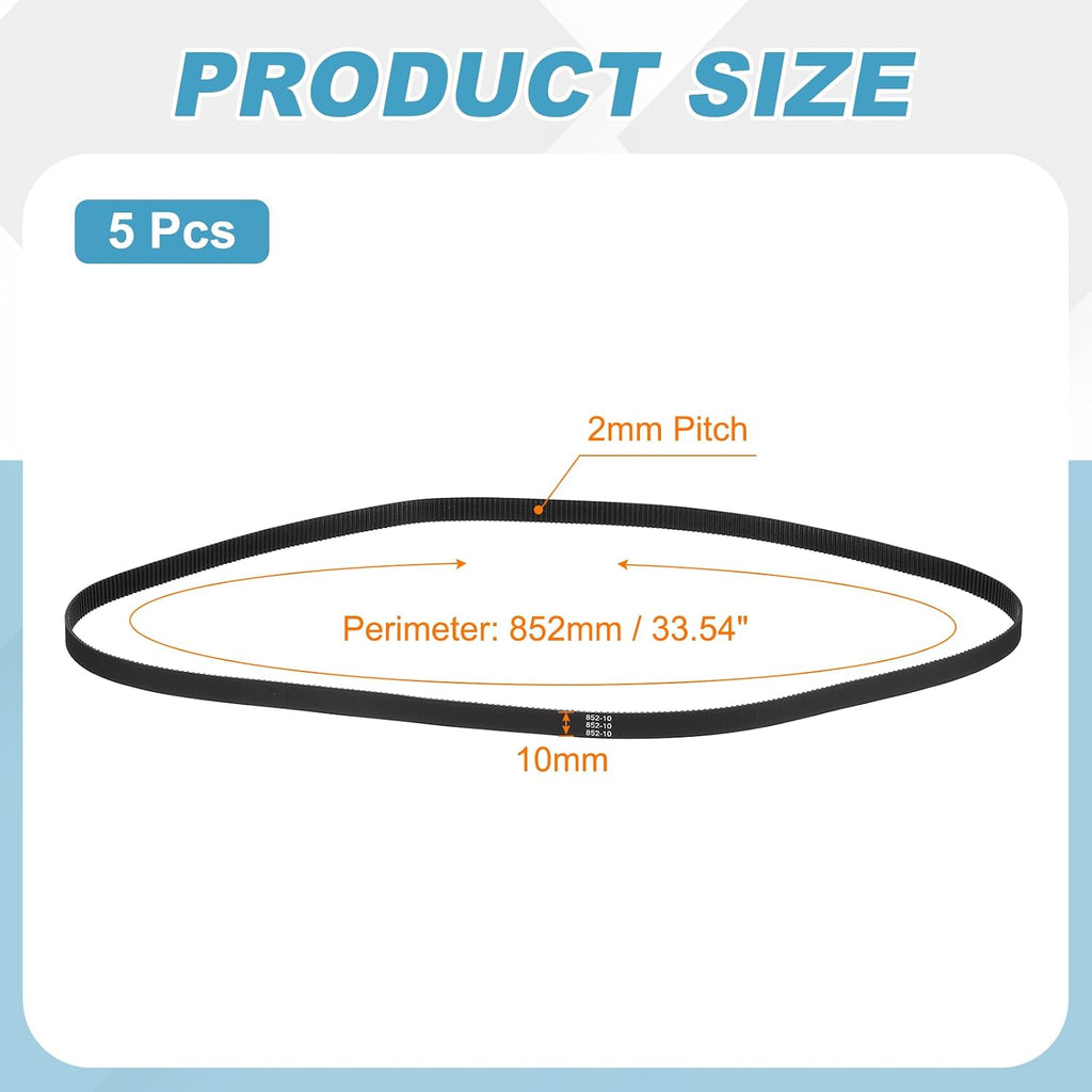 MECCANIXITY 852mm GT-2 Timing Belt 10mm Width 2mm Pitch Black 5pcs