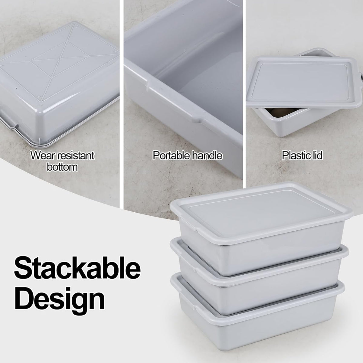 3-Pack Plastic Bus Tub, 13 L Plastic Meat Lug with Lid, Gray