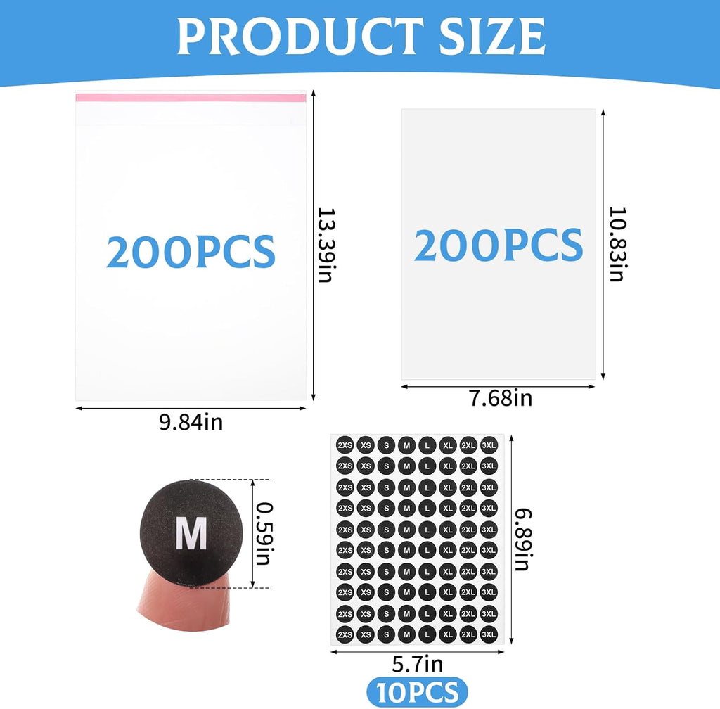 200 Set 10"x13" T-Shirt Packaging Bags with Cardboard Inserts and Clothing Size Stickers, Thick Clear Plastic