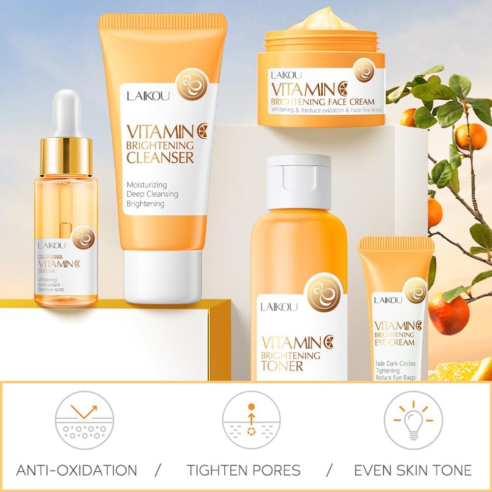 Vitamin C Skincare Set, Moisturizing Face Skin Care Kit with Facial Cleanser, Face Serum, Face Cream, Eye Cream
