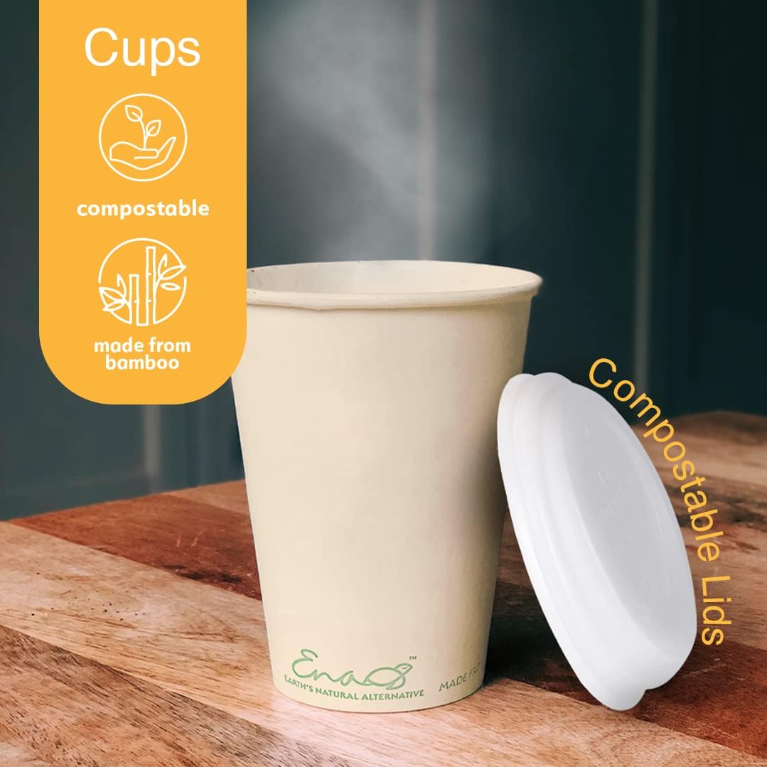 100% Compostable Disposable Coffee Cups with Lids 12oz 80 Set Paper Cups Made from Unbleached Bamboo Fiber