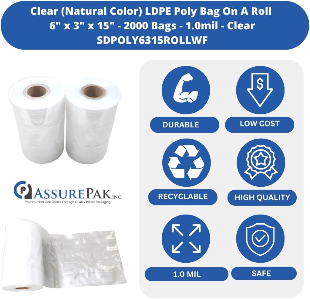 Clear Poly Bags, 6" x 3" x 15", 1 Mil, 2000 Count, 8 Rolls
