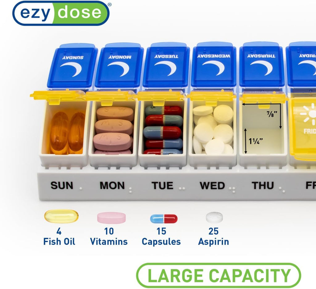 Weekly (7-Day) AM/PM Pill Organizer, Daily Vitamin Container and Medicine Box, Large Pop-Out Compartments, Designed