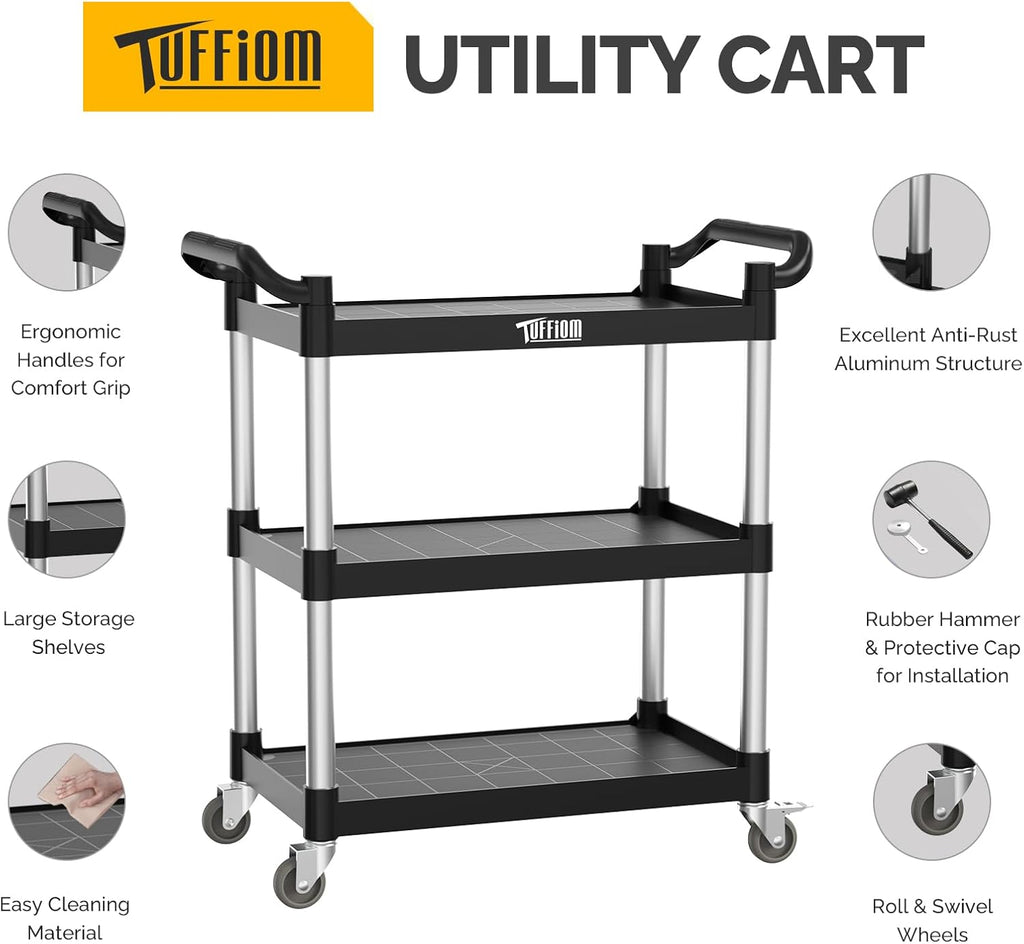 3-Tier Commercial Utility Cart with Wheels, Heavy Duty Rolling Plastic Service Cart, 390 lbs Capacity for