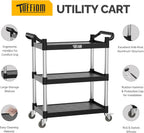 3-Tier Commercial Utility Cart with Wheels, Heavy Duty Rolling Plastic Service Cart, 390 lbs Capacity for